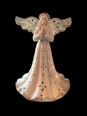 White Porcelain Angel Figurine with Gold Trim - Praying Home Accent
